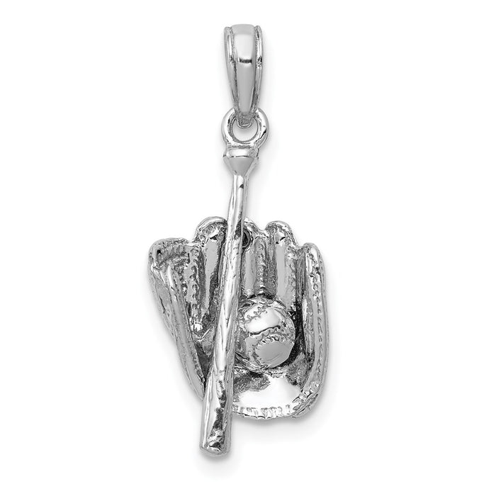 Million Charms 14K White Gold Themed Polished 3-Dimensional Glove/Bat/Ball Sports Baseball Pendant