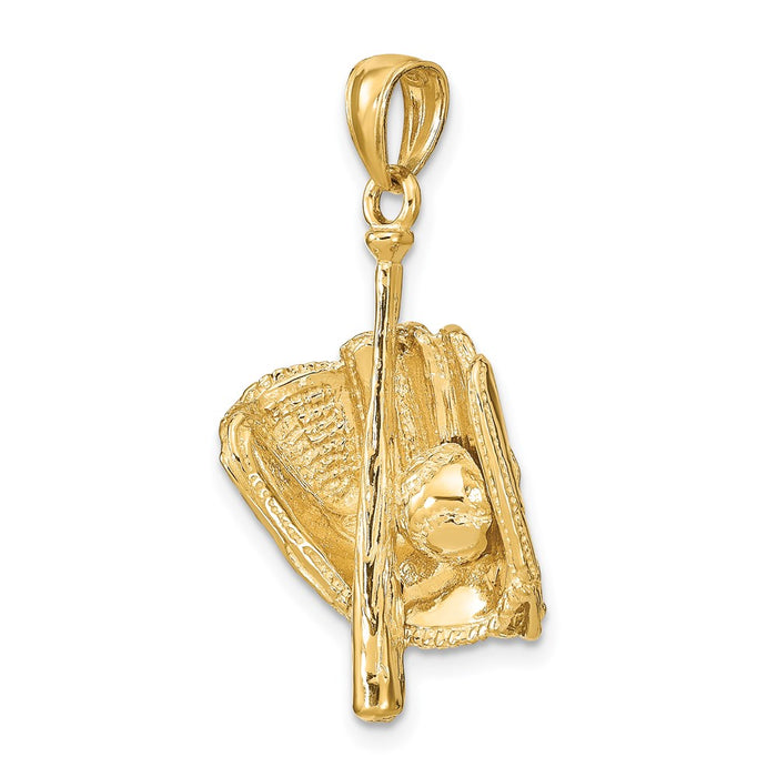 Million Charms 14K Yellow Gold Themed Polished 3-Dimensional Glove/Bat/Ball Sports Baseball Pendant