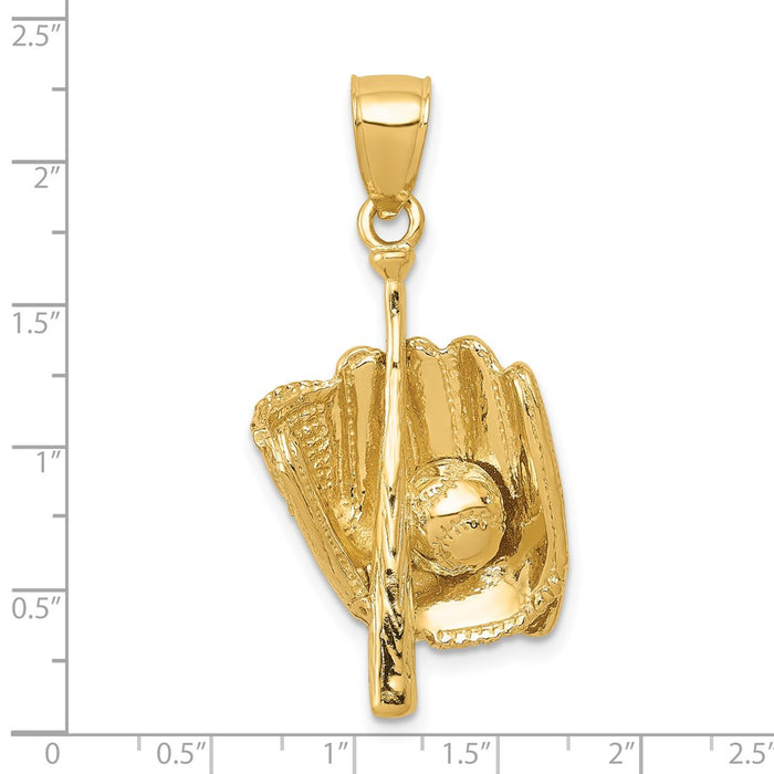 Million Charms 14K Yellow Gold Themed Polished 3-Dimensional Glove/Bat/Ball Sports Baseball Pendant