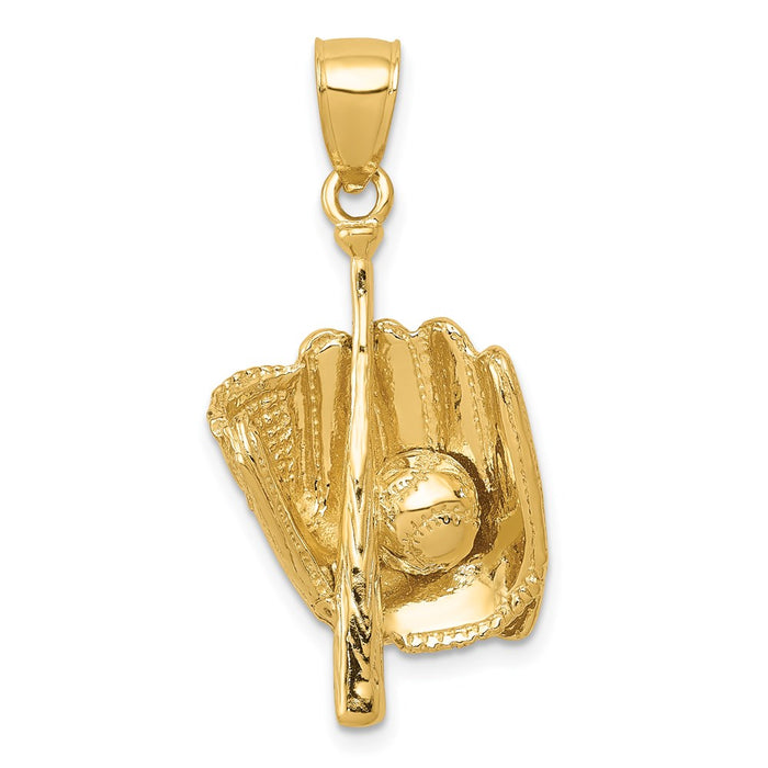 Million Charms 14K Yellow Gold Themed Polished 3-Dimensional Glove/Bat/Ball Sports Baseball Pendant