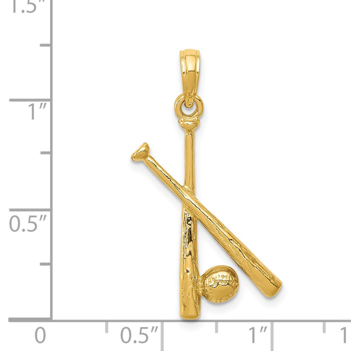 Million Charms 14K Yellow Gold Themed Polished Open-Backed Bats & Ball Sports Baseball Pendant
