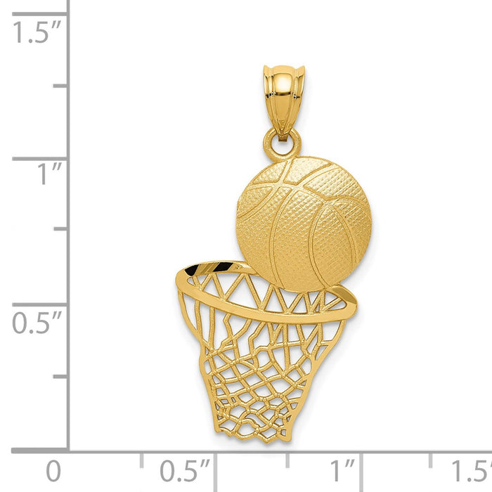 Million Charms 14K Yellow Gold Themed Satin Diamond-Cut Sports Basketball & Net Pendant