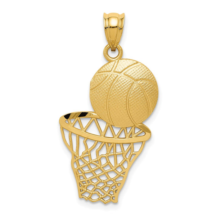 Million Charms 14K Yellow Gold Themed Satin Diamond-Cut Sports Basketball & Net Pendant