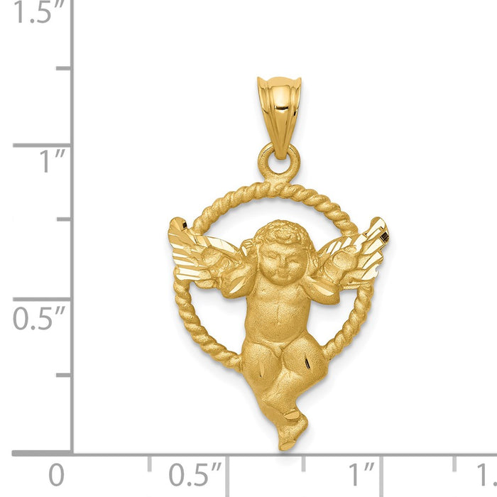 Million Charms 14K Yellow Gold Themed Satin Angel In Circle Pendant