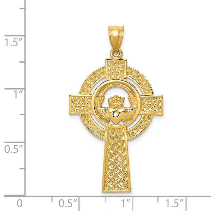 Million Charms 14K Yellow Gold Themed Celtic Claddagh Relgious Cross Pendant