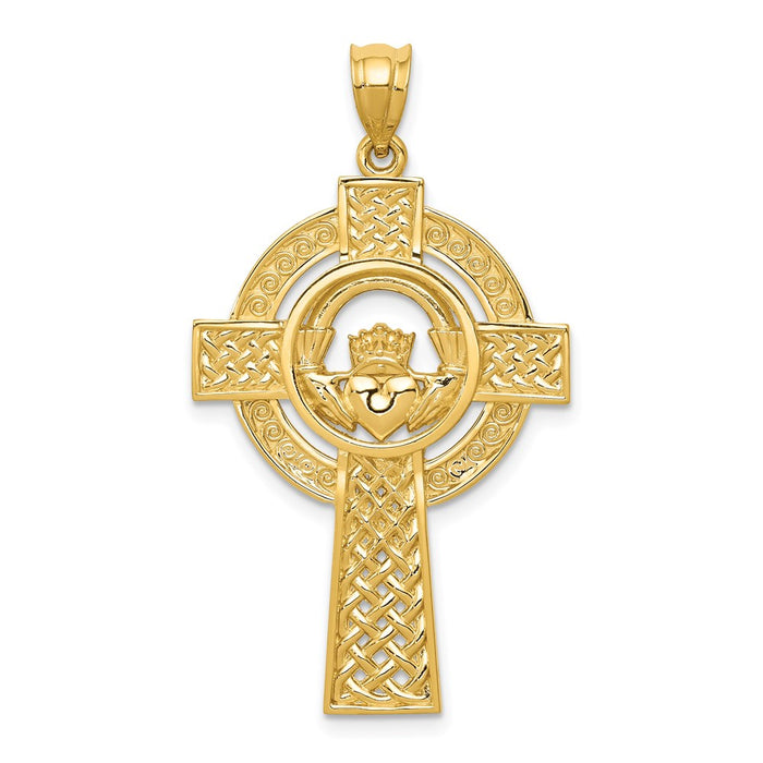 Million Charms 14K Yellow Gold Themed Celtic Claddagh Relgious Cross Pendant
