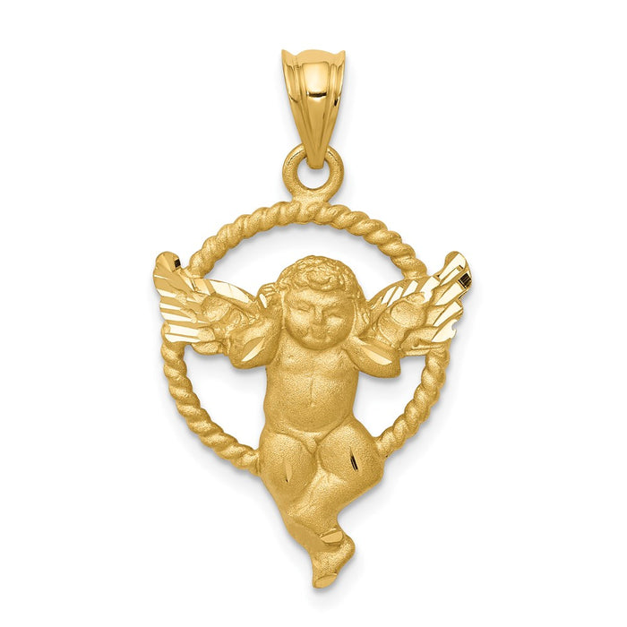 Million Charms 14K Yellow Gold Themed Satin Angel In Circle Pendant