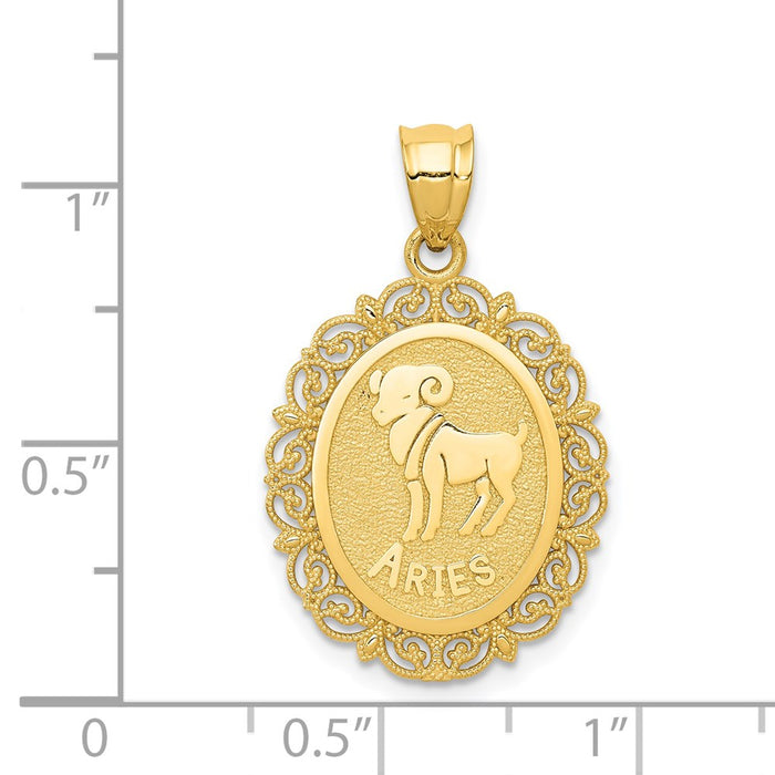 Million Charms 14K Yellow Gold Themed Solid Satin Polished Aries Zodiac Oval Pendant