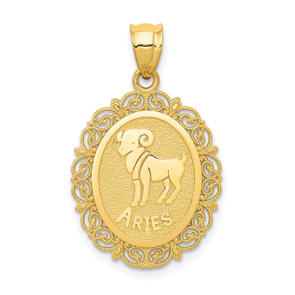 Million Charms 14K Yellow Gold Themed Solid Satin Polished Aries Zodiac Oval Pendant