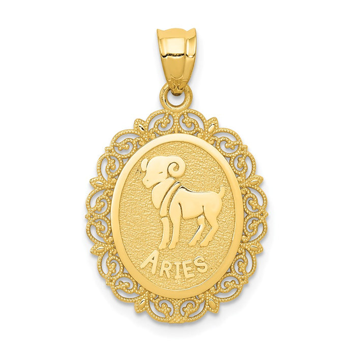 Million Charms 14K Yellow Gold Themed Solid Satin Polished Aries Zodiac Oval Pendant