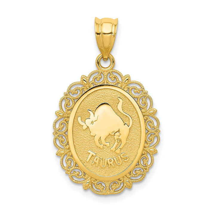 Million Charms 14K Yellow Gold Themed Solid Satin Polished Taurus Zodiac Oval Pendant