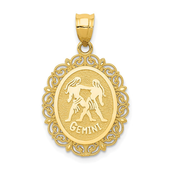 Million Charms 14K Yellow Gold Themed Solid Satin Polished Gemini Zodiac Oval Pendant