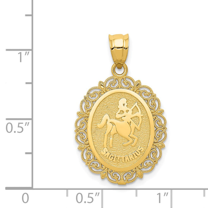 Million Charms 14K Yellow Gold Themed Solid Satin Polished Sagittarius Zodiac Oval Pendant