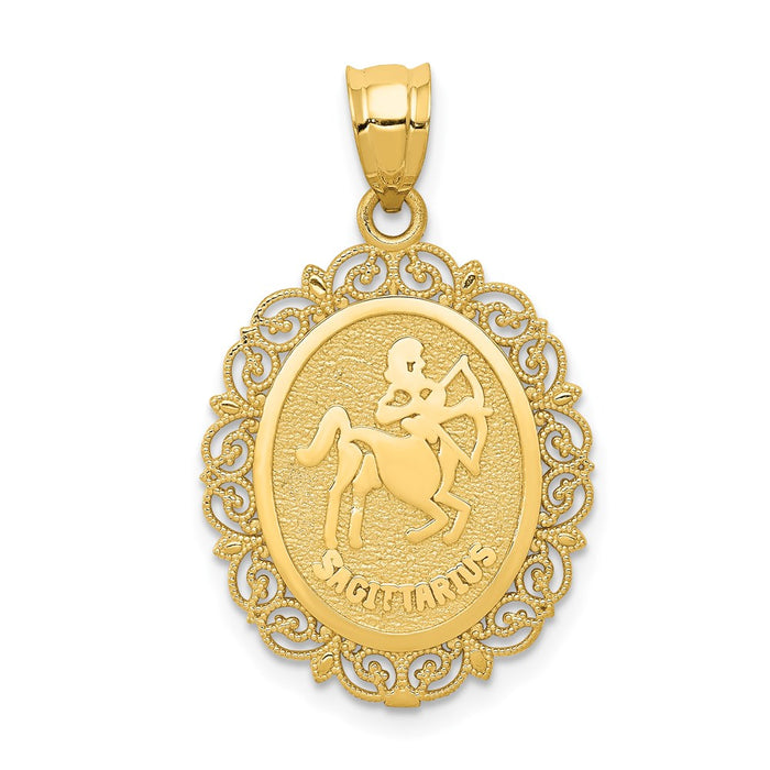 Million Charms 14K Yellow Gold Themed Solid Satin Polished Sagittarius Zodiac Oval Pendant