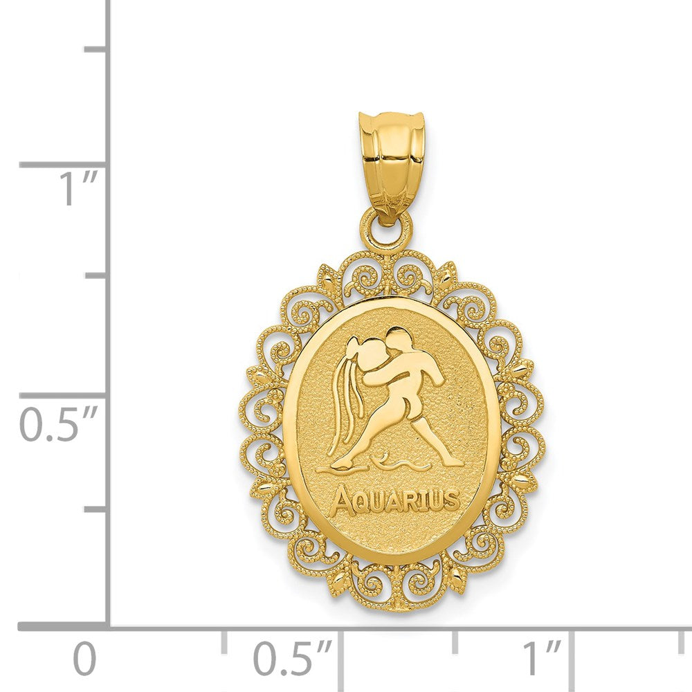 Million Charms 14K Yellow Gold Themed Solid Satin Polished Aquarius Zodiac Oval Pendant