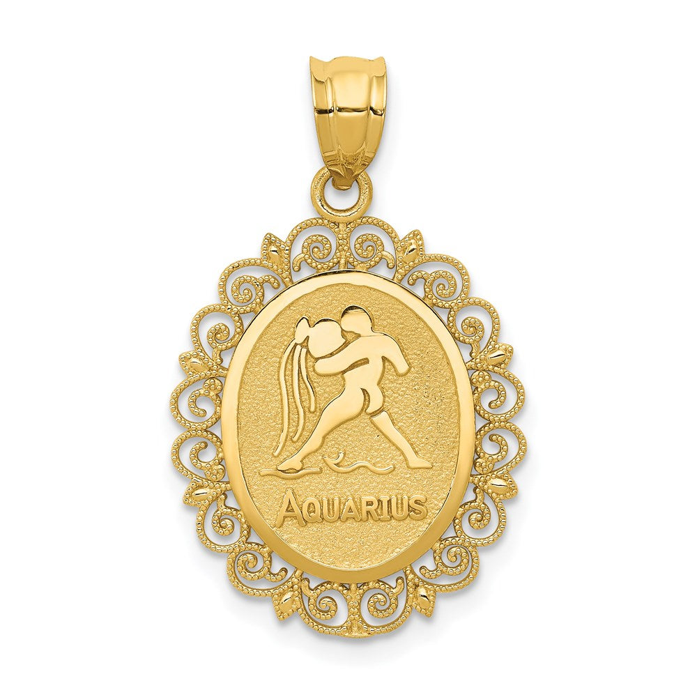 Million Charms 14K Yellow Gold Themed Solid Satin Polished Aquarius Zodiac Oval Pendant