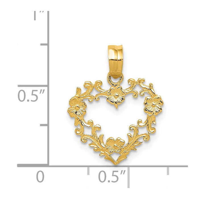 Million Charms 14K Yellow Gold Themed Polished Floral Border Heart Pendant