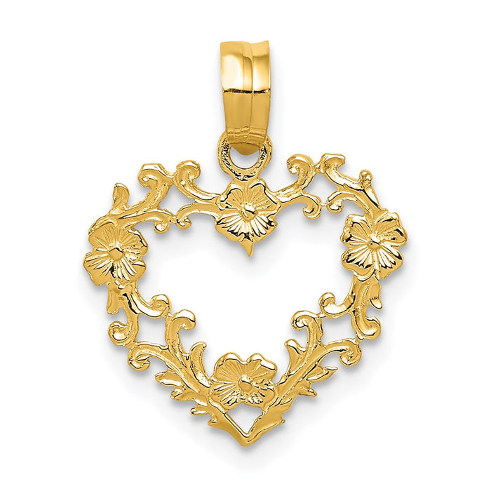 Million Charms 14K Yellow Gold Themed Polished Floral Border Heart Pendant