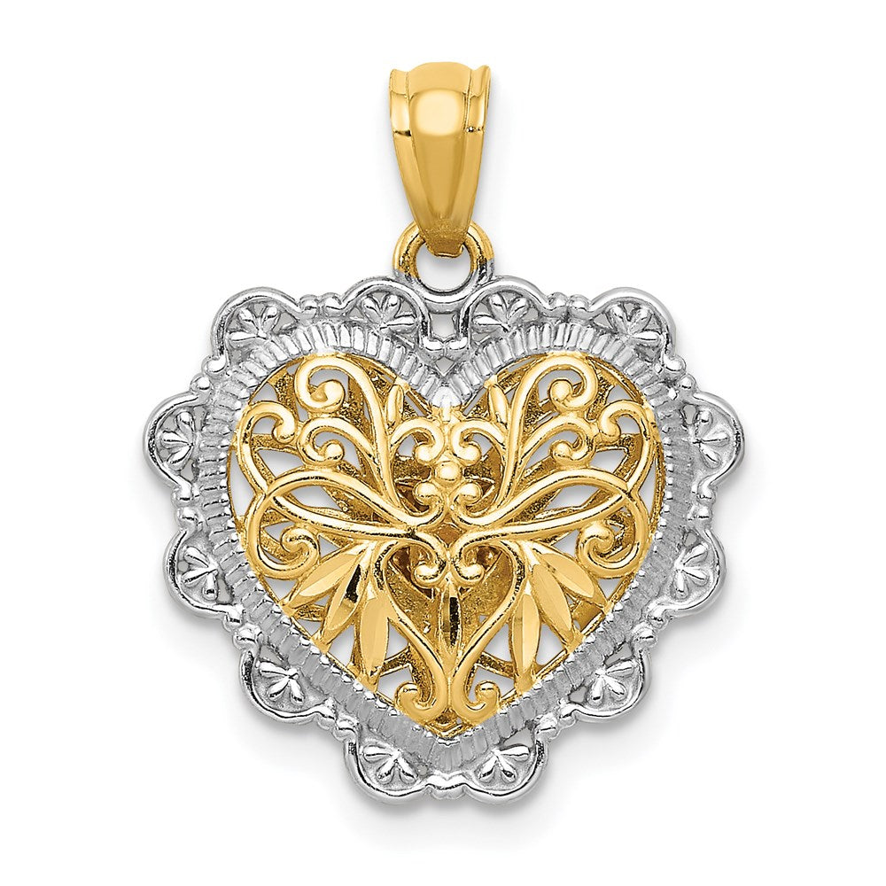 Million Charms 14K Two-Tone & White Rhodium-plated Polished Reversible Filigree Heart Pendant