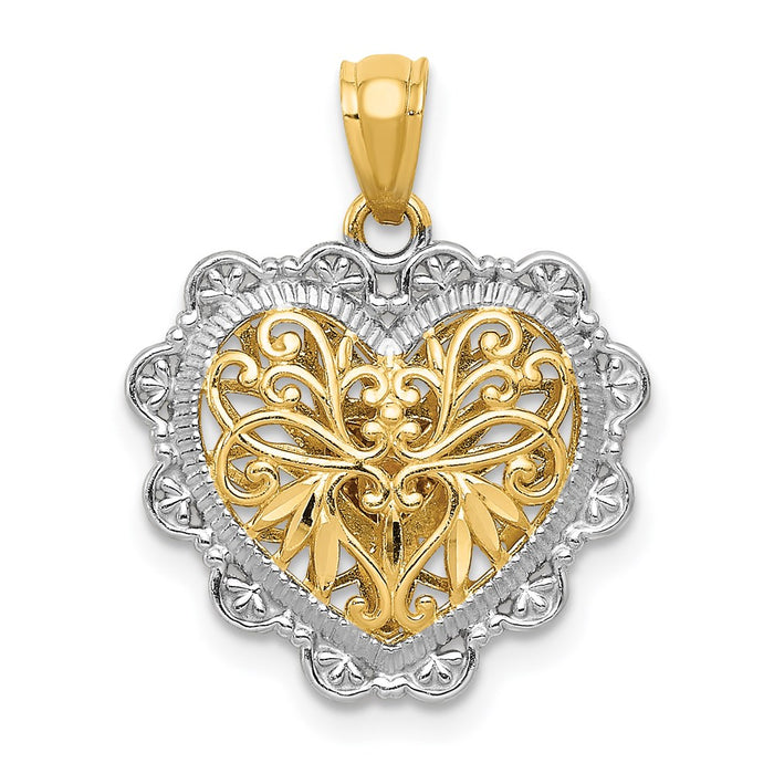 Million Charms 14K Two-Tone & White Rhodium-plated Polished Reversible Filigree Heart Pendant