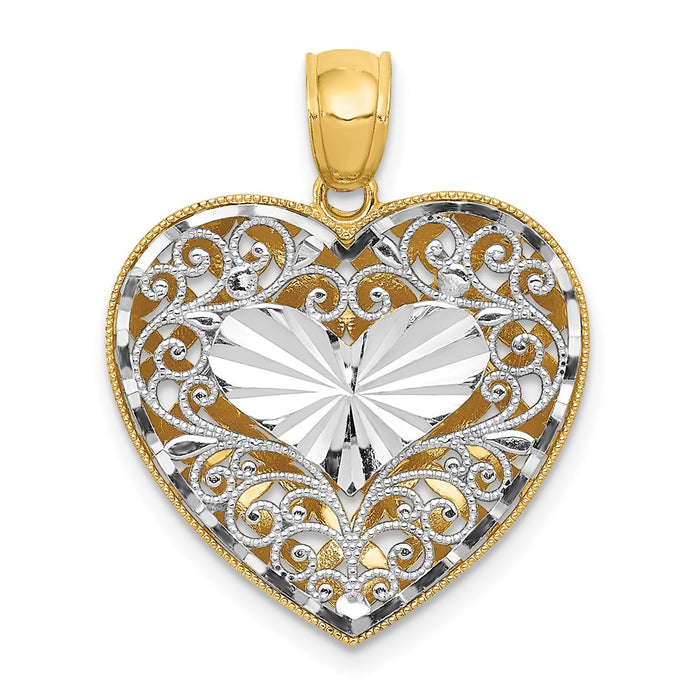 Million Charms 14K Two-Tone Polished Reversible Diamond-Cut Filigree Heart Pendant