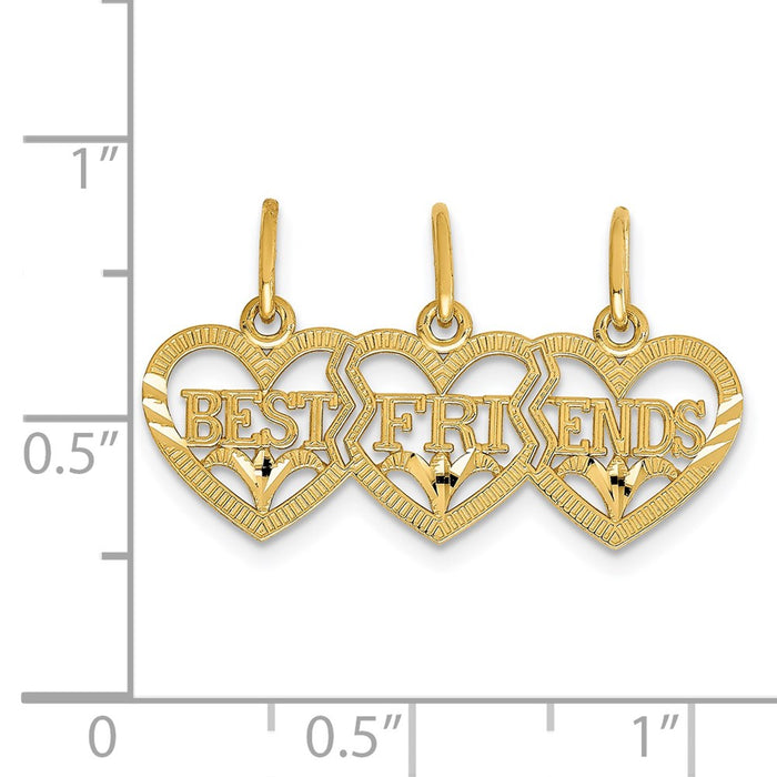 Million Charms 14K Yellow Gold Themed Triple Heart Diamond-Cut Best Friends Break-Apart Pendant