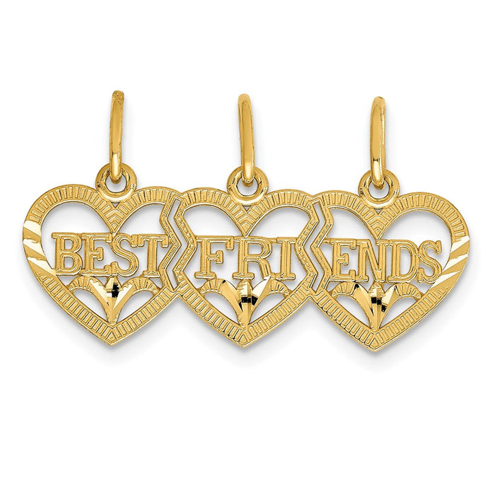 Million Charms 14K Yellow Gold Themed Triple Heart Diamond-Cut Best Friends Break-Apart Pendant