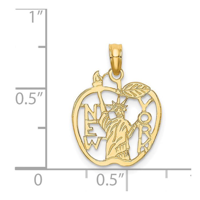 Million Charms 14K Yellow Gold Themed Cut-Out New York With Statue Of Liberty In Apple Charm