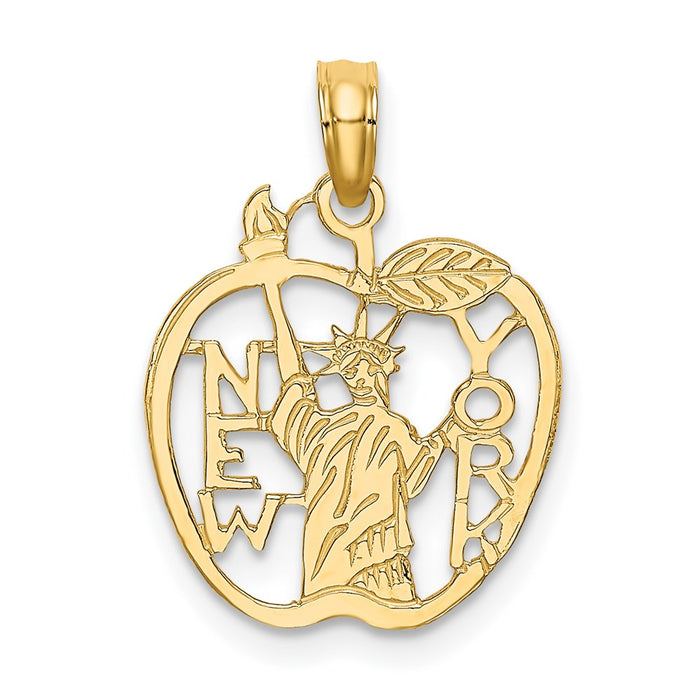 Million Charms 14K Yellow Gold Themed Cut-Out New York With Statue Of Liberty In Apple Charm
