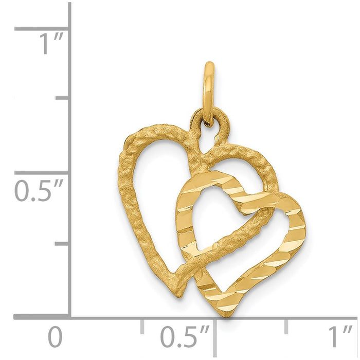 Million Charms 14K Yellow Gold Themed Polished & Textured Double Heart Pendant