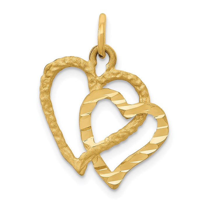 Million Charms 14K Yellow Gold Themed Polished & Textured Double Heart Pendant