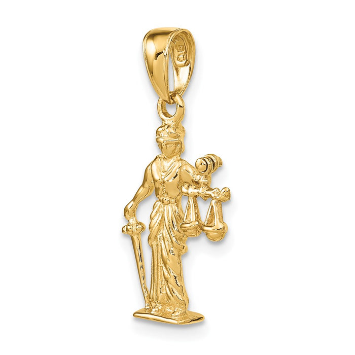 Million Charms 14K Yellow Gold Themed 3-D Lady Of Justice With Moveable Scales Pendant