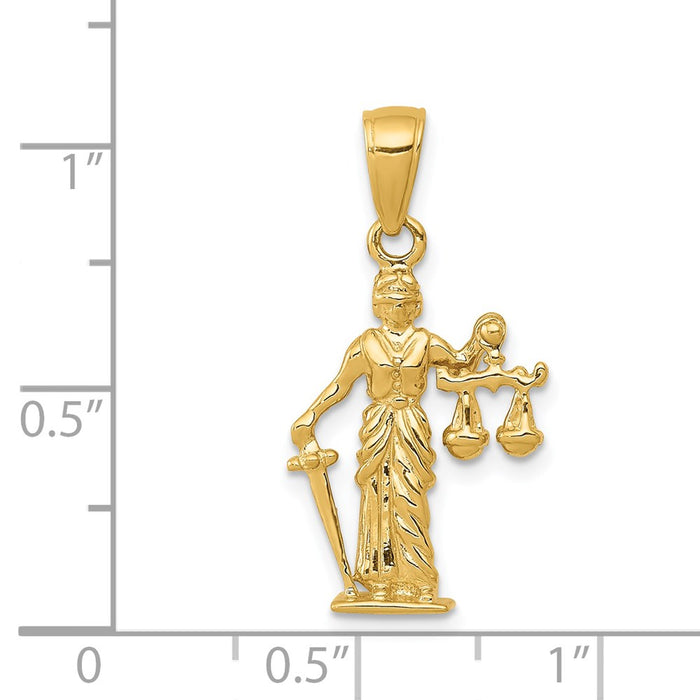 Million Charms 14K Yellow Gold Themed 3-D Lady Of Justice With Moveable Scales Pendant