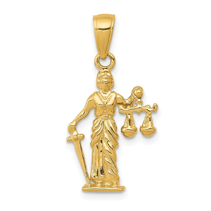 Million Charms 14K Yellow Gold Themed 3-D Lady Of Justice With Moveable Scales Pendant