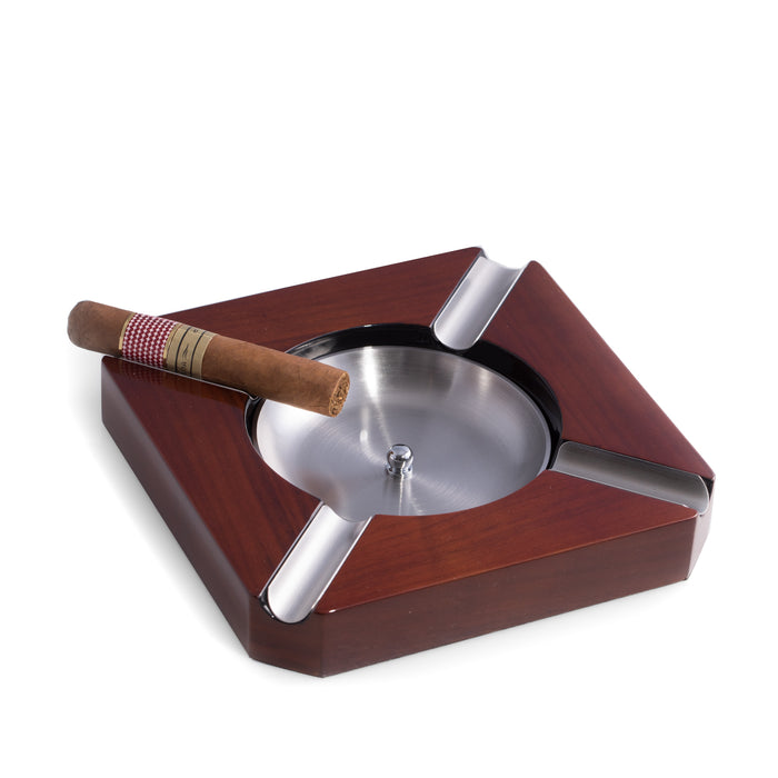 Occasion Gallery Walnut Wood Color Lacquered "Walnut" Wood Four Cigar Ashtray with Removable Stainless Steel Center. 8.25 L x 8.25 W x 1.5 H in.