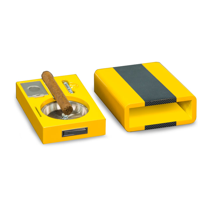 Occasion Gallery Yellow Color Cigar Ashtray/Cutter/Punch Yellow & "Carbon Fiber" Color 7.5 L x 5.75 W x 2.3 H in.