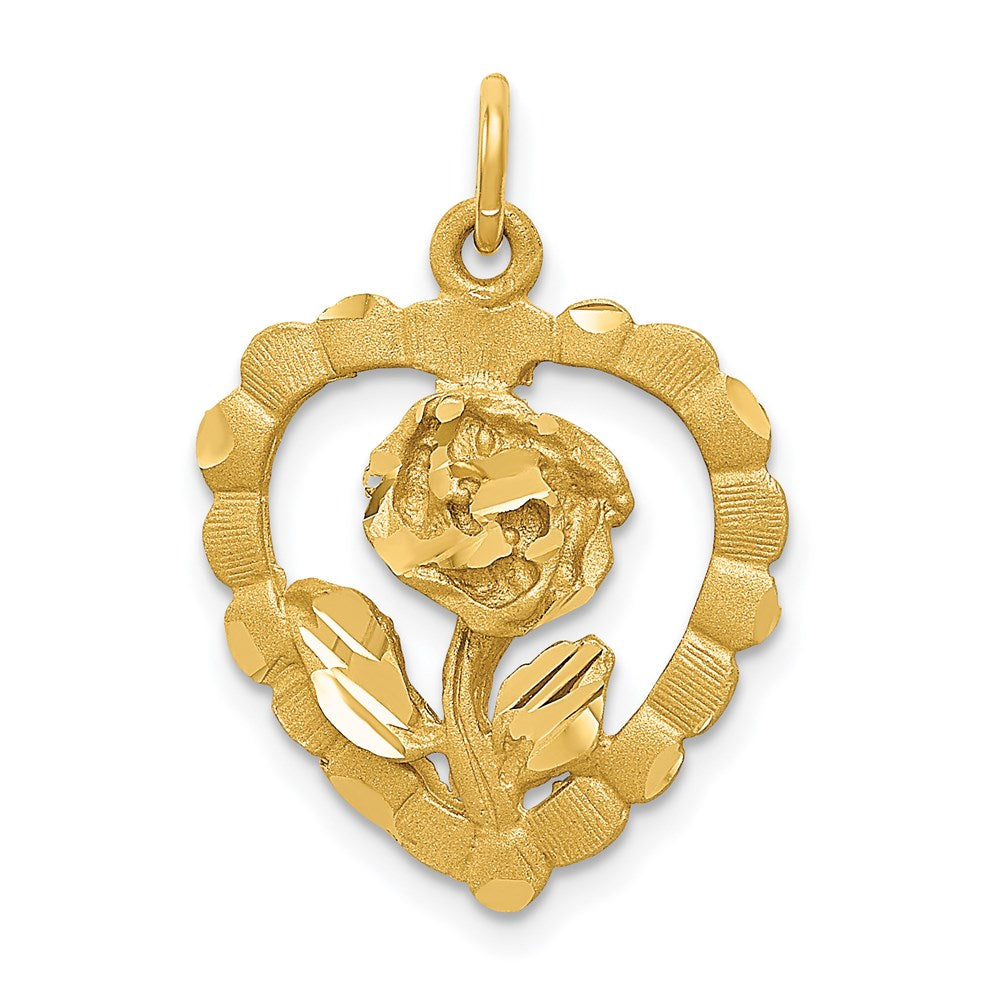 Million Charms 14K Yellow Gold Themed Polished & Diamond-Cut Flower In Heart Pendant