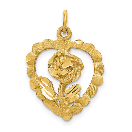 Million Charms 14K Yellow Gold Themed Polished & Diamond-Cut Flower In Heart Pendant