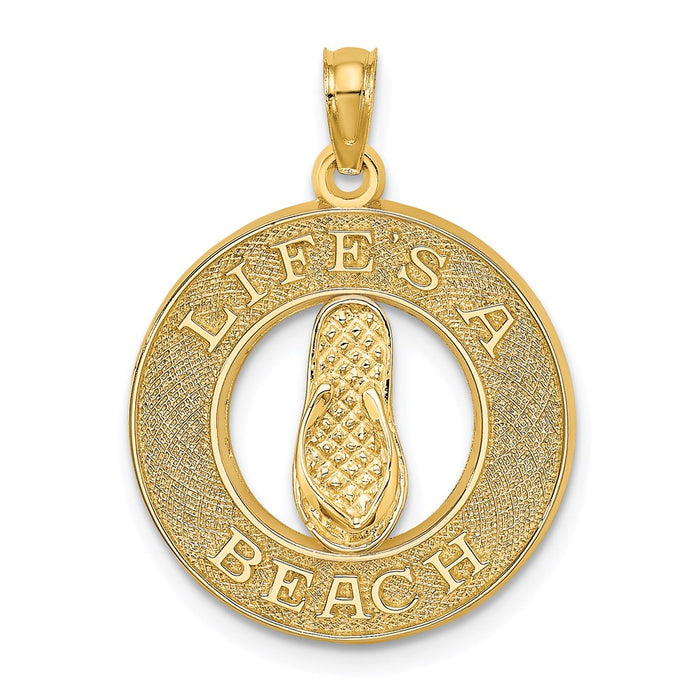 Million Charms 14K Yellow Gold Themed Life'S A Beach On Round Frame With Flip-Flop Charm