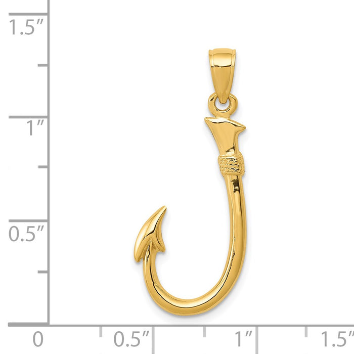Million Charms 14K Yellow Gold Themed 3-D Fishing Hook Pendant