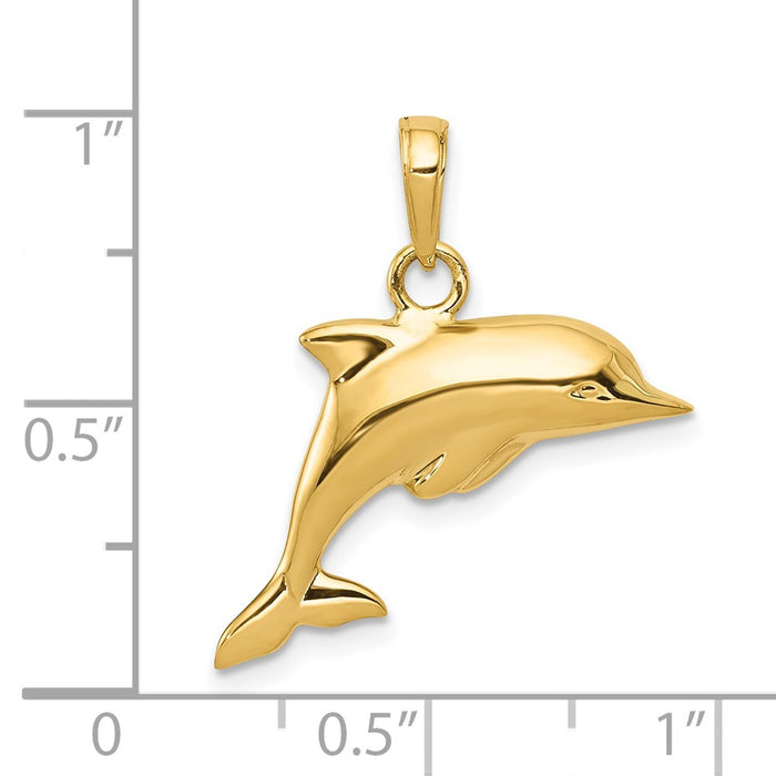 Million Charms 14K Yellow Gold Themed Polished 3-Dimensional Dolphin Pendant