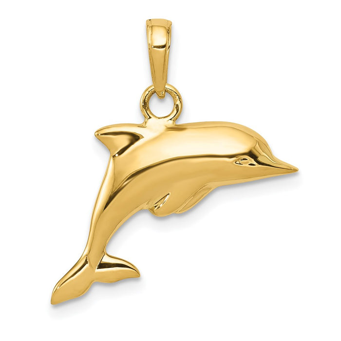 Million Charms 14K Yellow Gold Themed Polished 3-Dimensional Dolphin Pendant