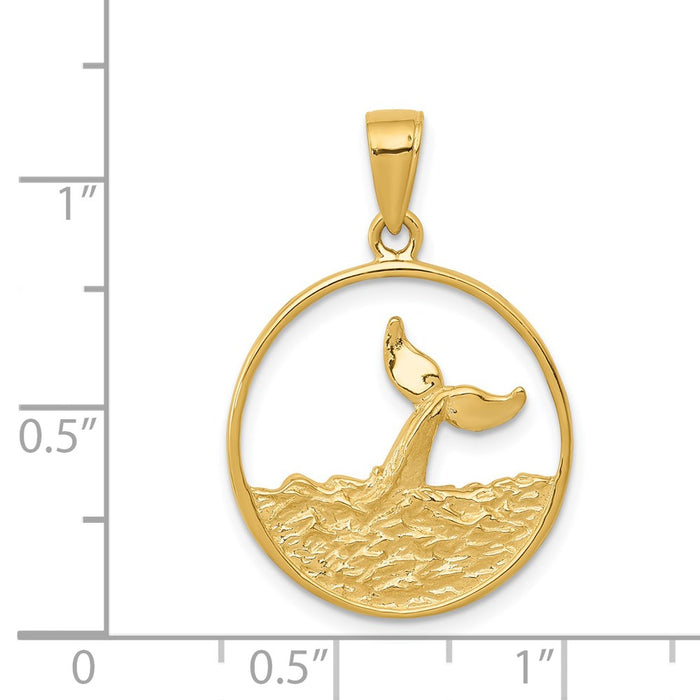 Million Charms 14K Yellow Gold Themed Whale Tail In Circle With Waves Pendant