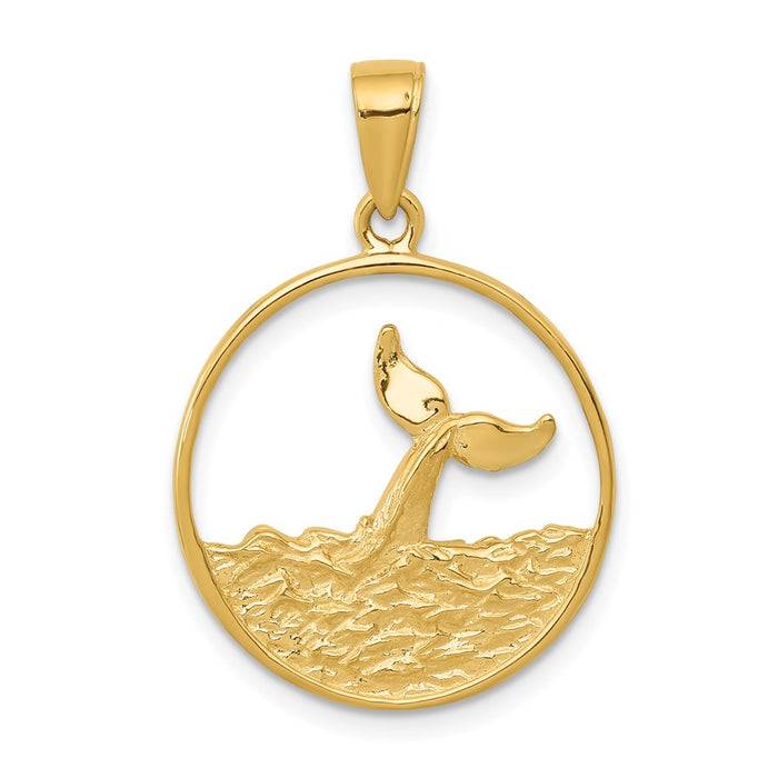 Million Charms 14K Yellow Gold Themed Whale Tail In Circle With Waves Pendant