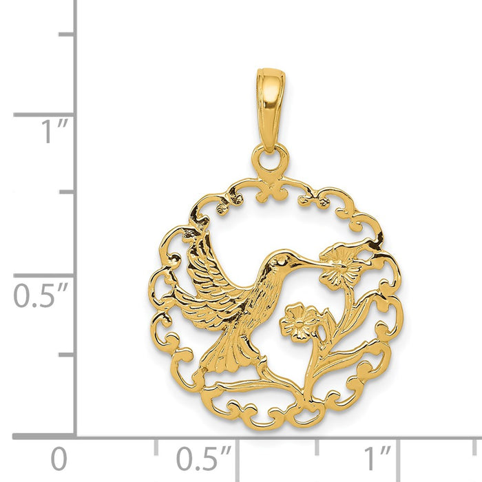 Million Charms 14K Yellow Gold Themed Hummingbird In Round Frame Pendant