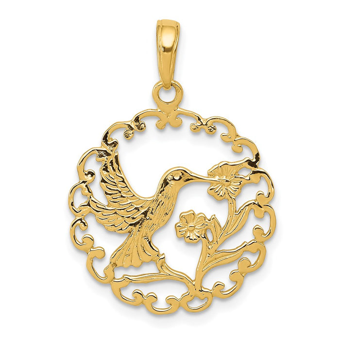Million Charms 14K Yellow Gold Themed Hummingbird In Round Frame Pendant