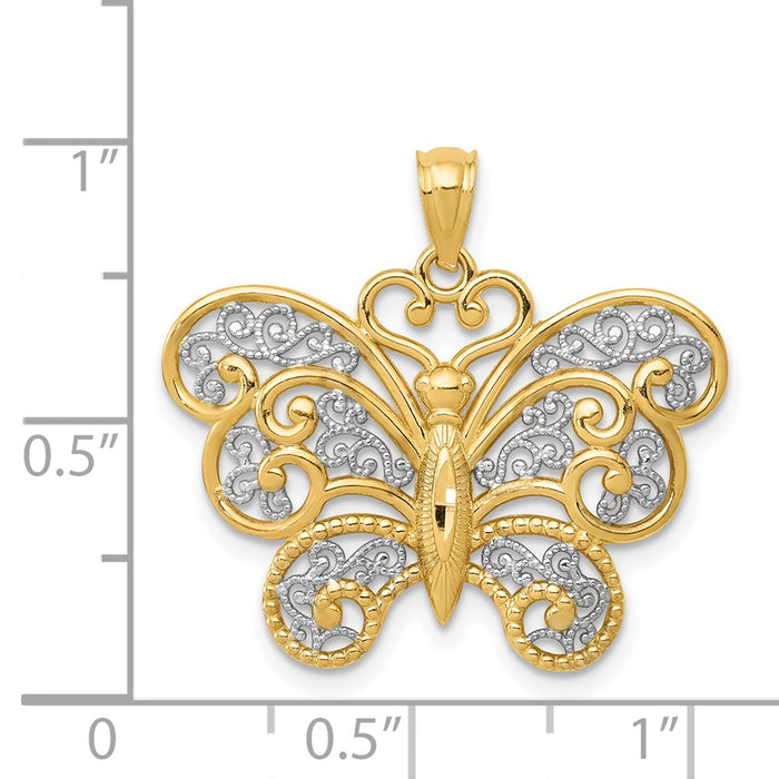 Million Charms 14K Yellow Gold Themed With Rhodium-plated Filigree Butterfly Pendant