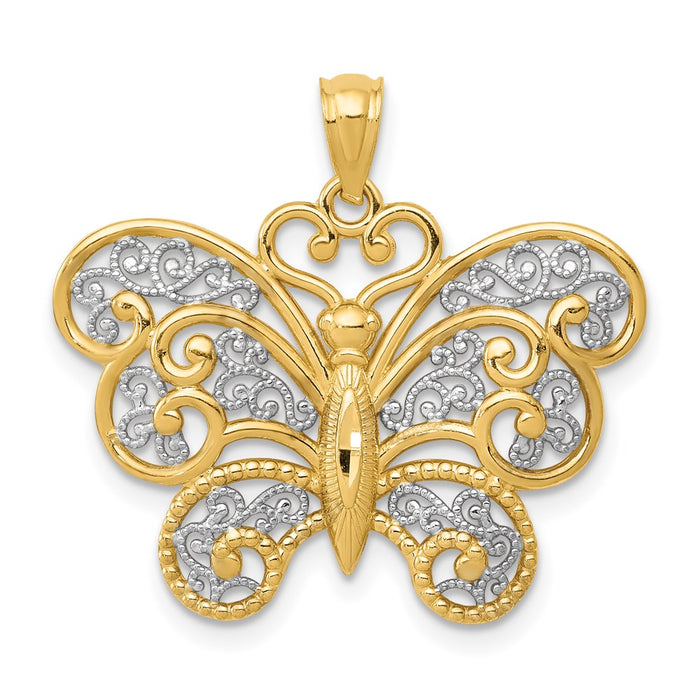 Million Charms 14K Yellow Gold Themed With Rhodium-plated Filigree Butterfly Pendant
