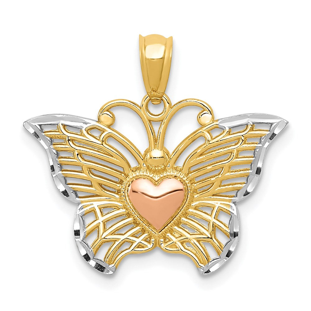 Million Charms 14K Yellow Gold Themed Yellow & Rose With Rhodium-plated Butterfly With Heart Pendant