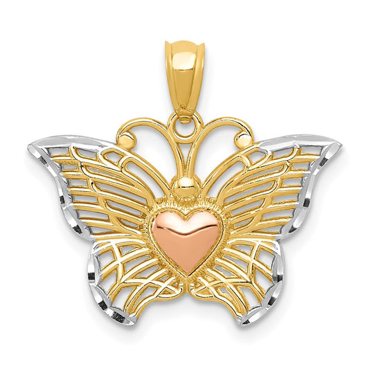 Million Charms 14K Yellow Gold Themed Yellow & Rose With Rhodium-plated Butterfly With Heart Pendant